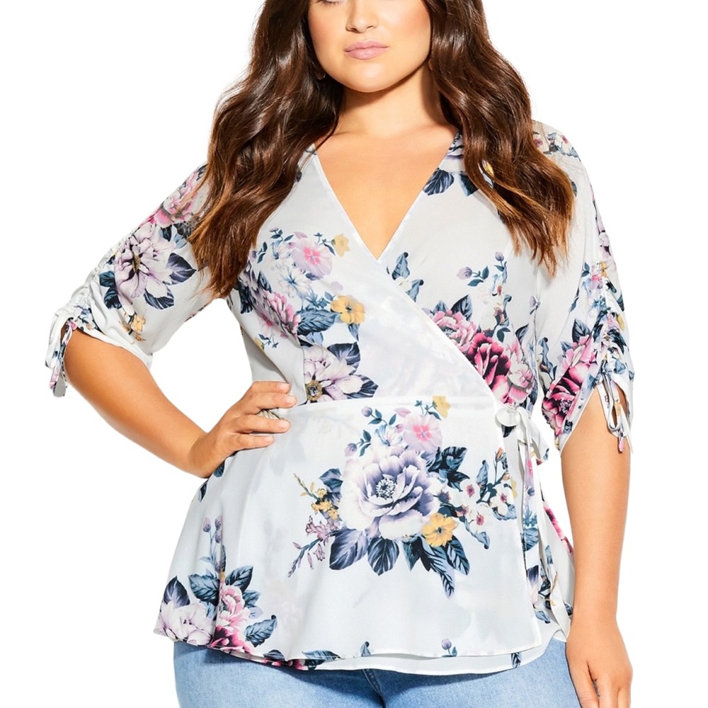 City Chic White Floral Wrap Blouse with Pink and Blue Flowers